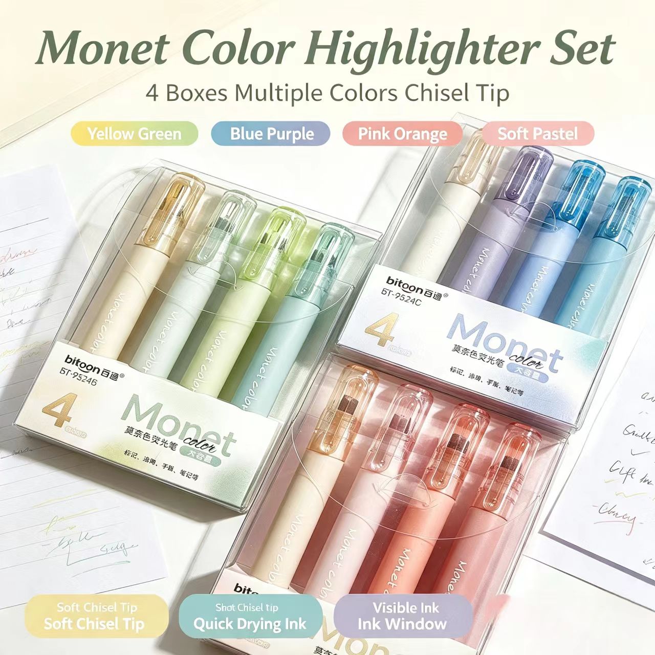 4本入りパステルハイライターセット、大容量でにじみにくいソフ - Highlighter Set Pastel のレビューと価格